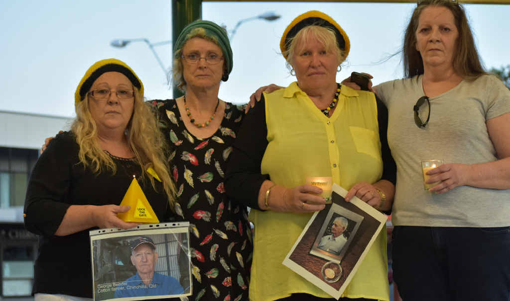 SOLEMN TRIBUTE: Jen Greene-Galloway, Sarah Moles, Marianne Irvine and Siobhan Elliott were among the locals who gathered to pay tribute to Chinchilla farmer George Bender in a candlelit vigil in Leslie Park. SOLEMN TRIBUTE: Jen Greene-Galloway, Sarah Moles, Marianne Irvine and Siobhan Elliott were among the locals who gathered to pay tribute to Chinchilla farmer George Bender in a candlelit vigil in Leslie Park.